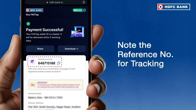 HDFC FASTag payment successful screen showing reference number for tracking application