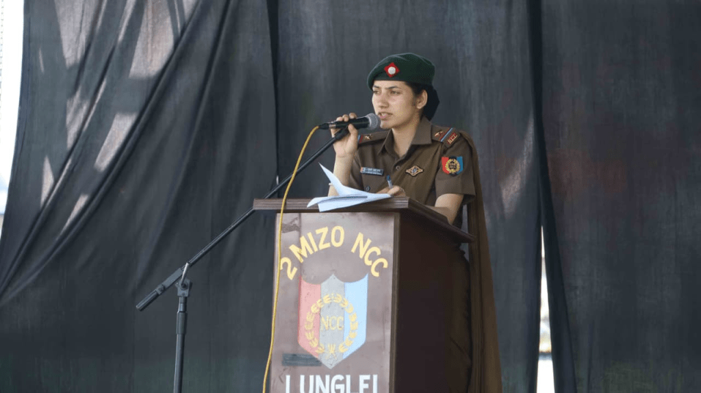 Female NCC cadet delivering a speech at the official podium of 2 Mizo Battalion NCC, Lunglei.