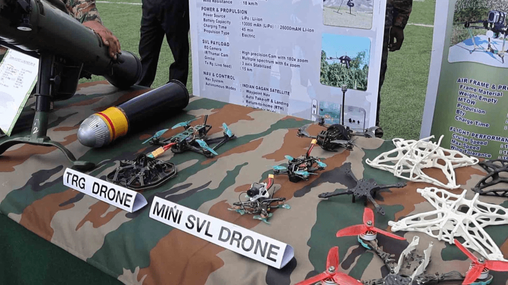 Display of Mini SVL Drones and other defence equipment at the NCC Fest exhibition stall.